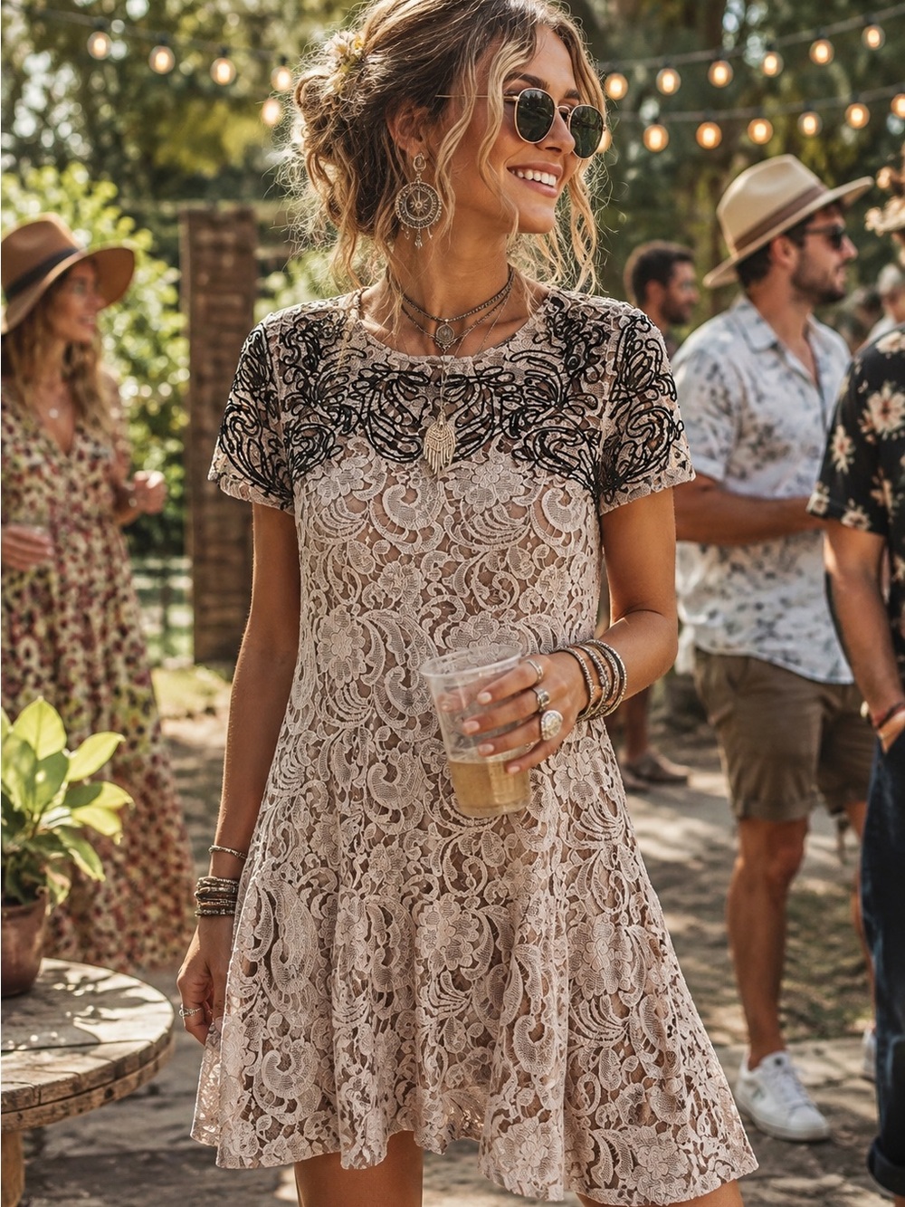 Free People Boho Pink Lace Mini Dress with Black Embroidered Yoke Size Small